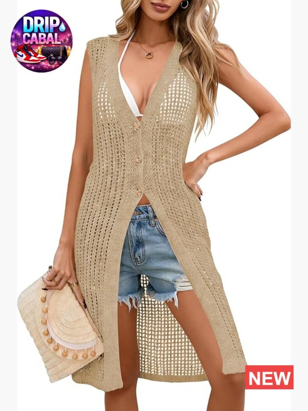 Crochet Sleeveless Long Cardigan Duster Sweater Vest Beach Cover Up